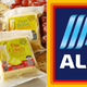 On left, Aldi cocktail-flavored cheeses: pina colada, peach bellini, espresso martini. On right, the Aldi logo